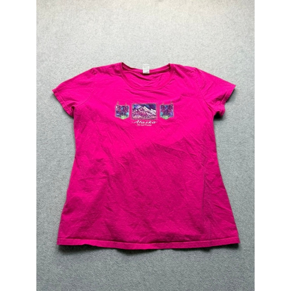 Alaska The Last Frontier Graphic T-Shirt Womens Medium Pink Mountain Souvenir